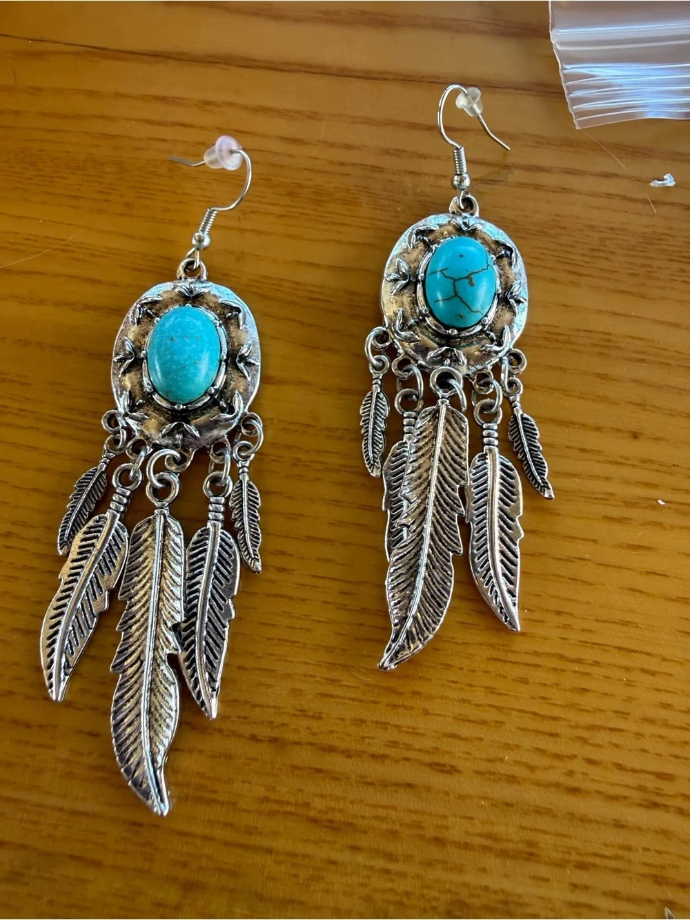 Bohemian Turquoise Feather Drop Earrings - Silver Tone